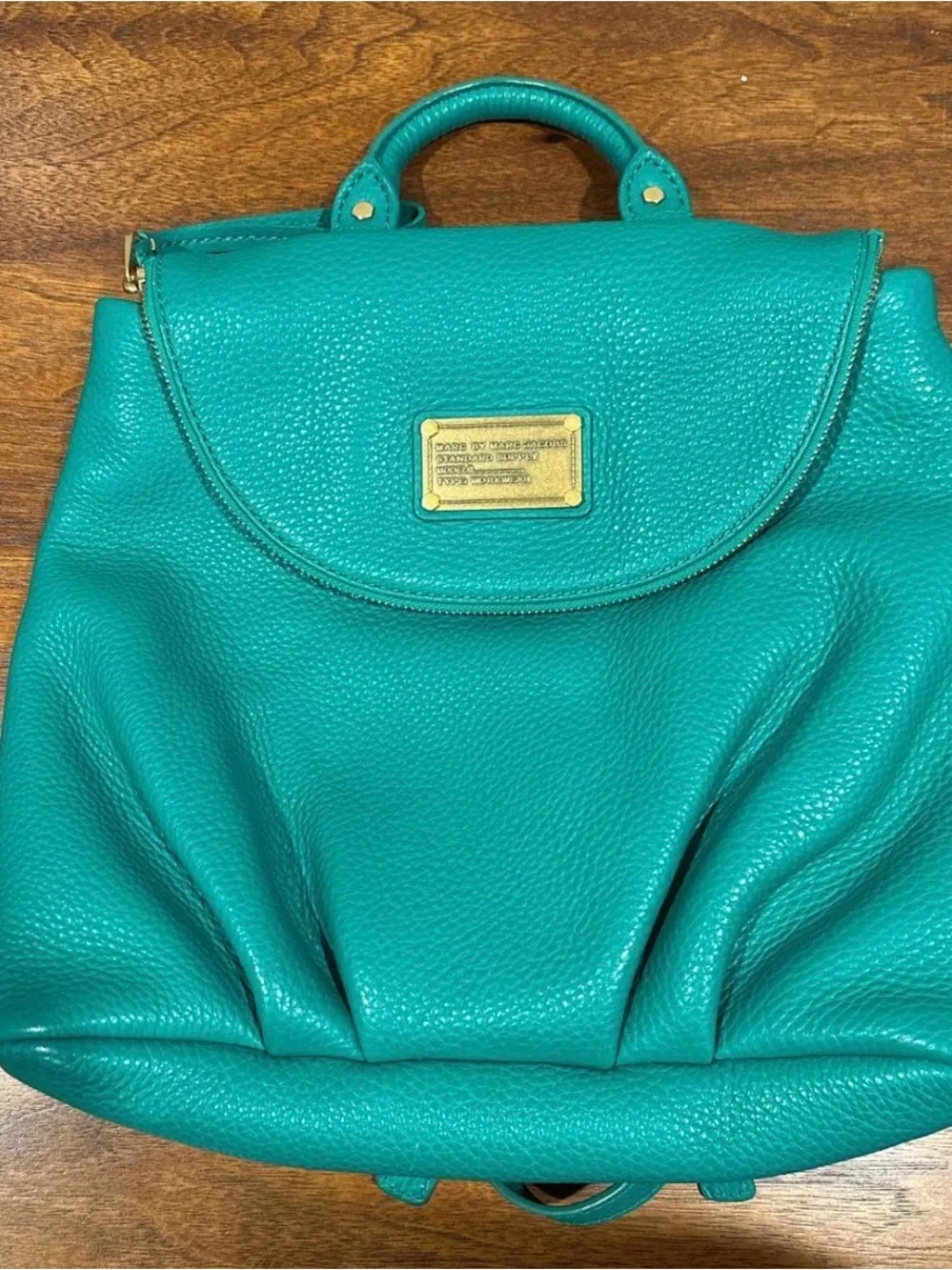 Marc by Marc Jacobs Green Pebbled Leather Backpack with Gold Plaque